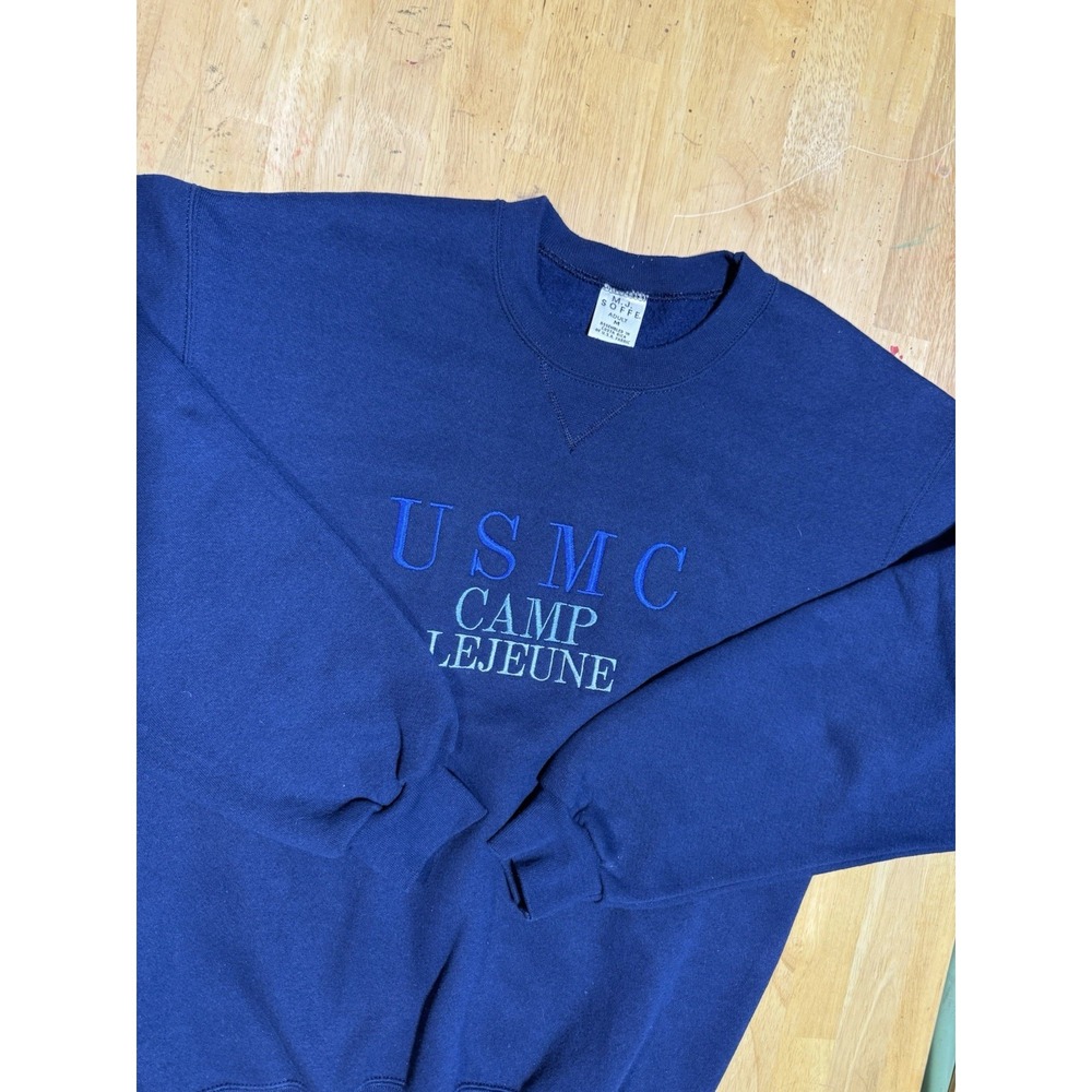 Vintage 90s USMC Camp Lejeune Sweatshirt Mens M Navy Embroidered Marine Corps